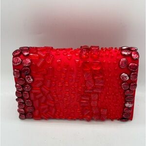 Bijoux Terner Beaded Red Velvet Box Clutch Shoulder Purse with Two Handles